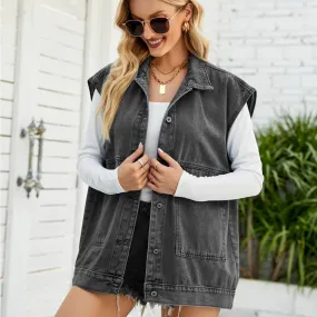 2024 Summer New Women Lapel Denim Vest Fashion Casual Jeans Jacket Street Trend Coat