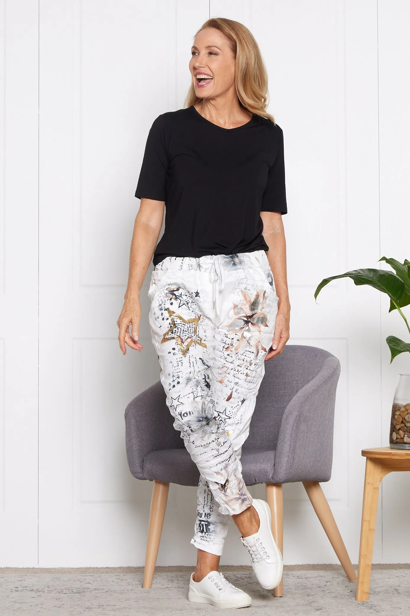 Alina Pants - White/Cocoa Butterflies