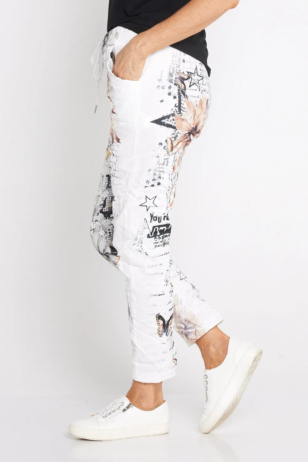 Alina Pants - White/Cocoa Butterflies