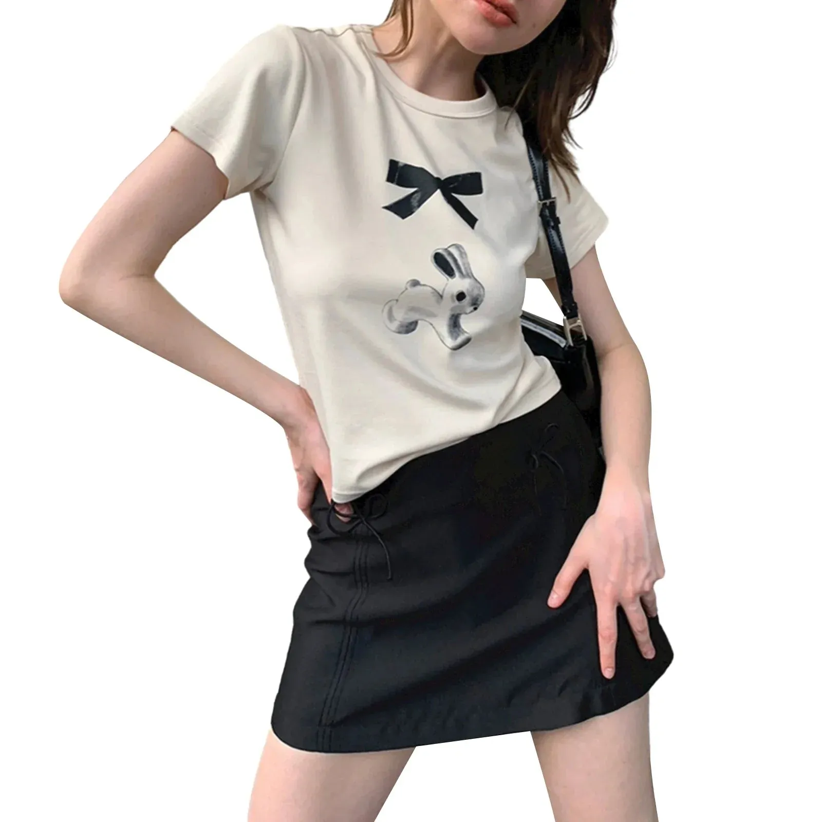 Baby Bow Print Short Sleeve Crop Vintage Slim Fit Y2K T-shirt