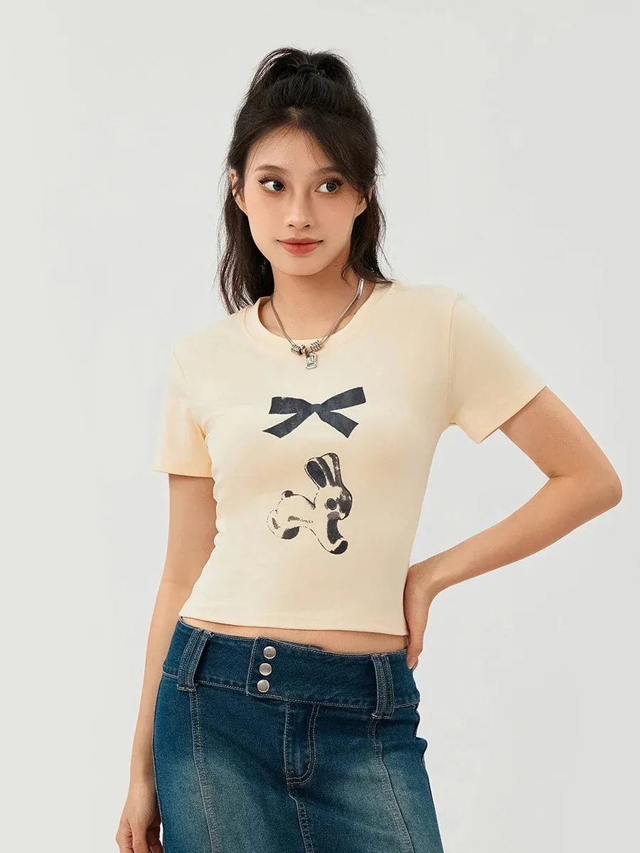 Baby Bow Print Short Sleeve Crop Vintage Slim Fit Y2K T-shirt