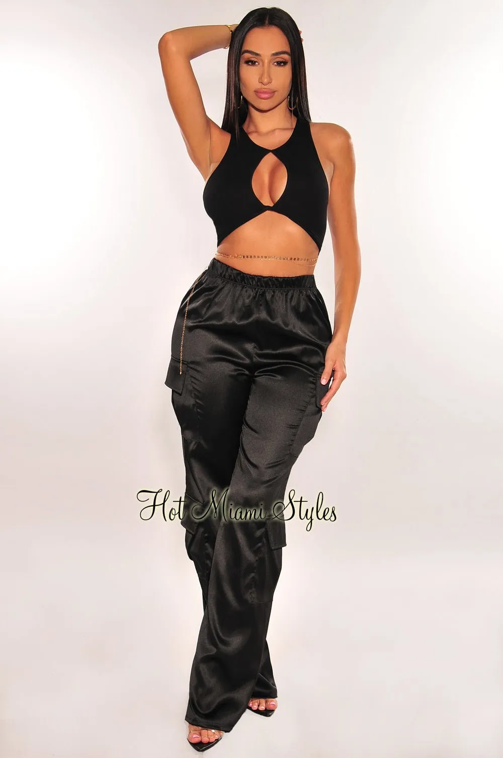 Black Satin High Waist Wide Leg Cargo Pants