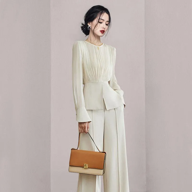 Chic Beige Apricot Long Sleeve Two-Piece Set with Wide-Leg Pants