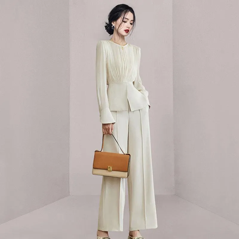 Chic Beige Apricot Long Sleeve Two-Piece Set with Wide-Leg Pants