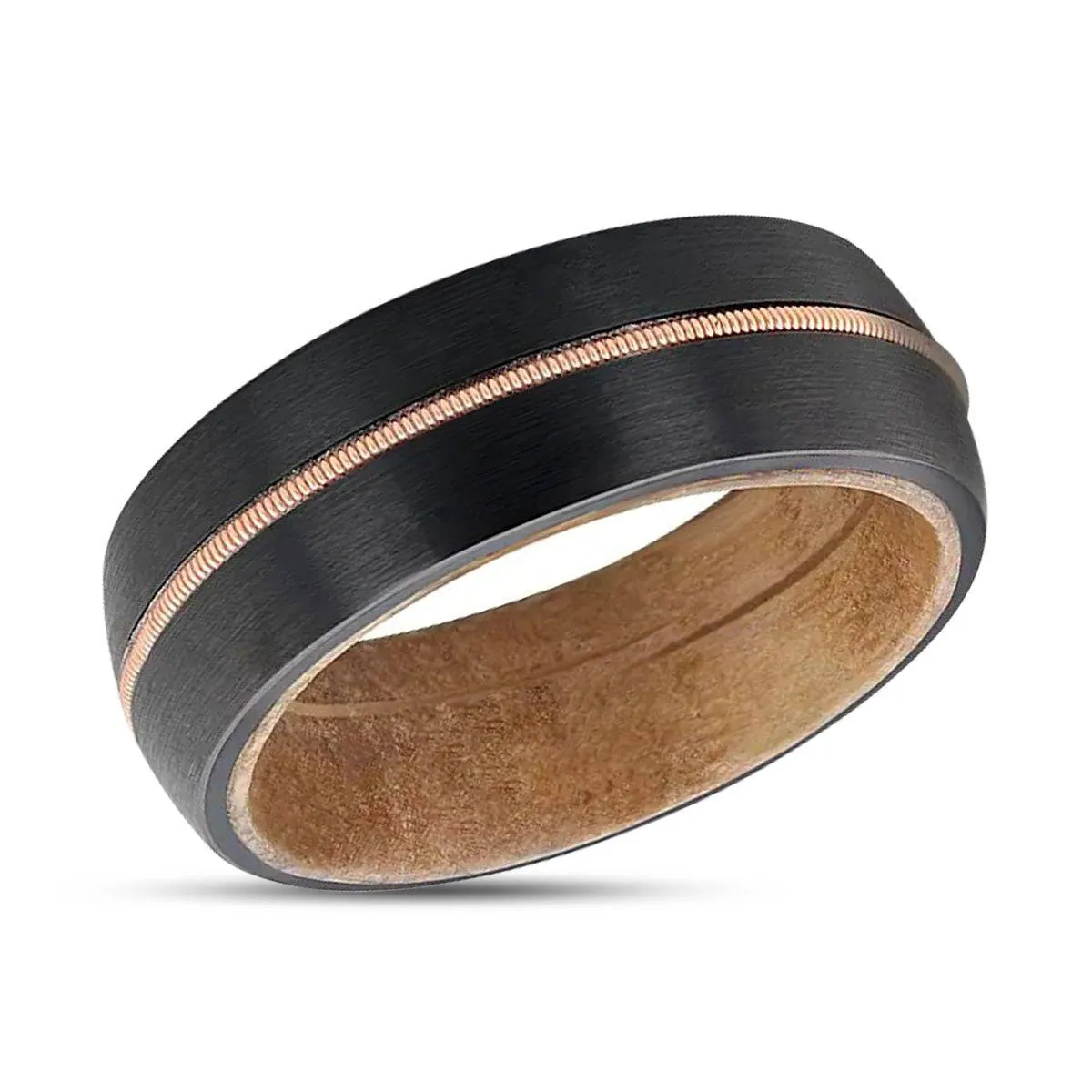 CHORDAL | Black Tungsten Ring, Brass Guitar String, Whiskey Barrel Wood, Domed