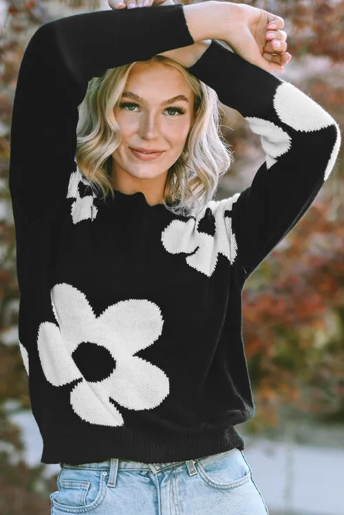 Erin Long Sleeve Sweater with Floral Pattern Color Contrast Design | 4 Colors