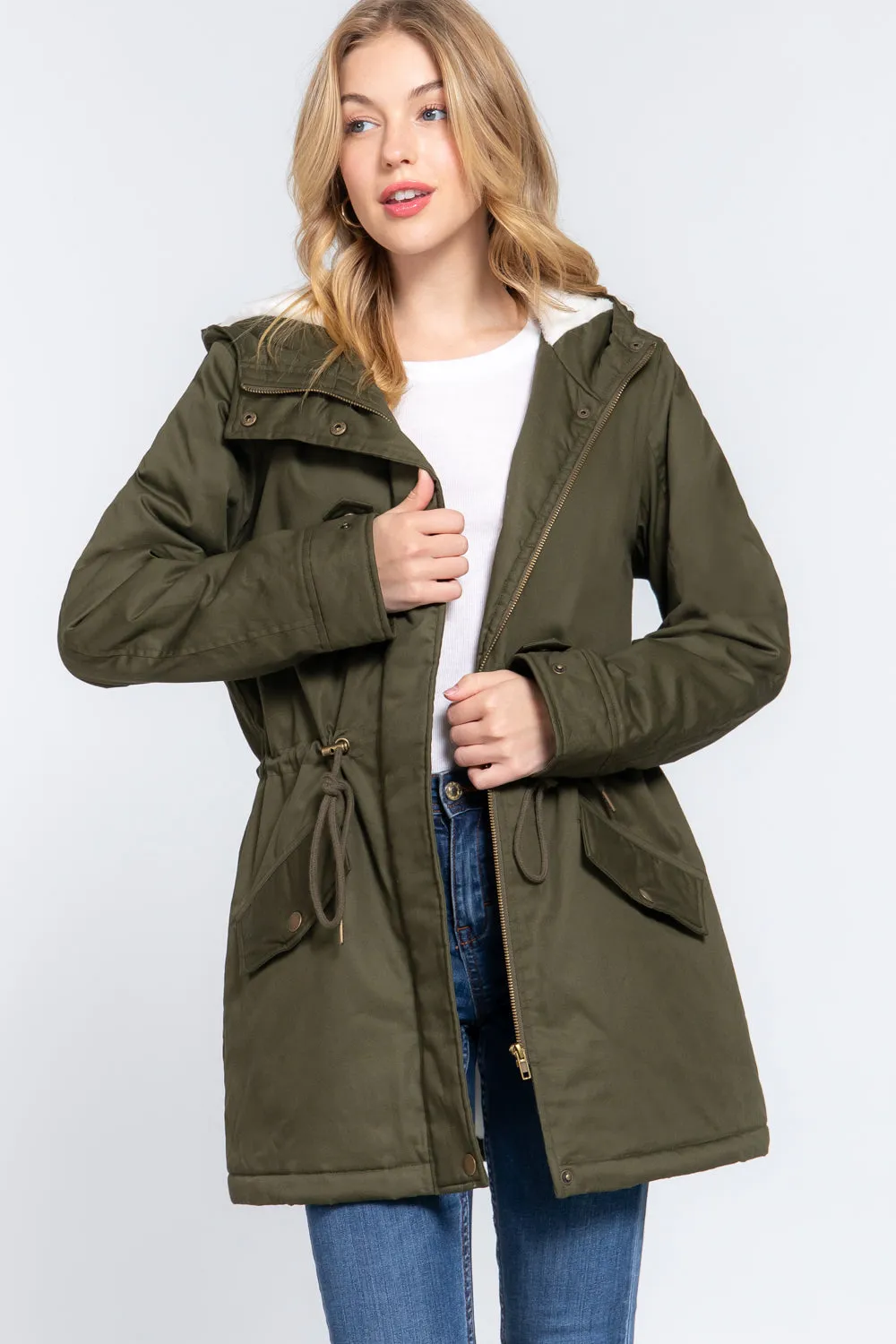 Fleece Lined Fur Hoodie Utility Jacket - 4 colors