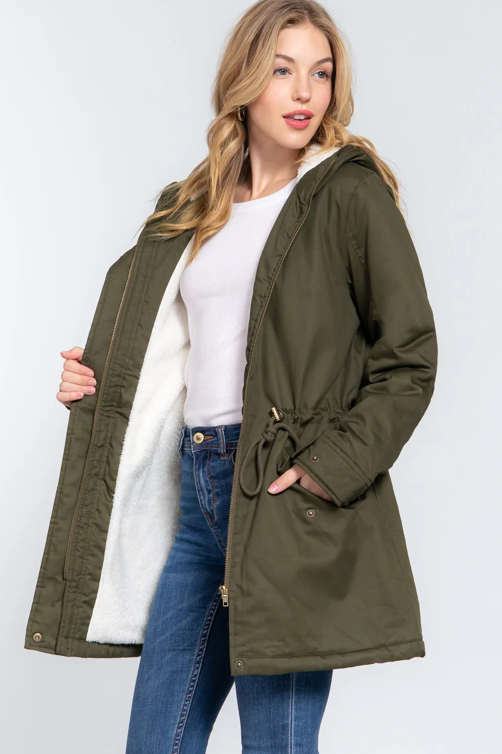 Fleece Lined Fur Hoodie Utility Jacket - 4 colors