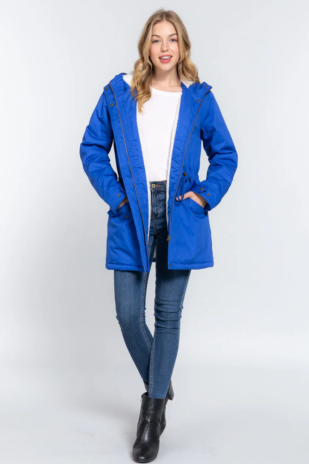 Fleece Lined Fur Hoodie Utility Jacket - 4 colors