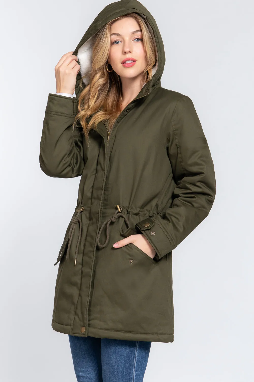 Fleece Lined Fur Hoodie Utility Jacket - 4 colors