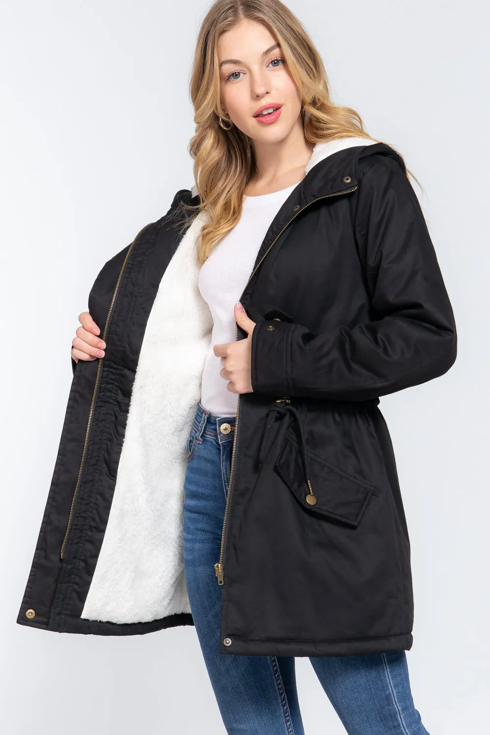 Fleece Lined Fur Hoodie Utility Jacket - 4 colors