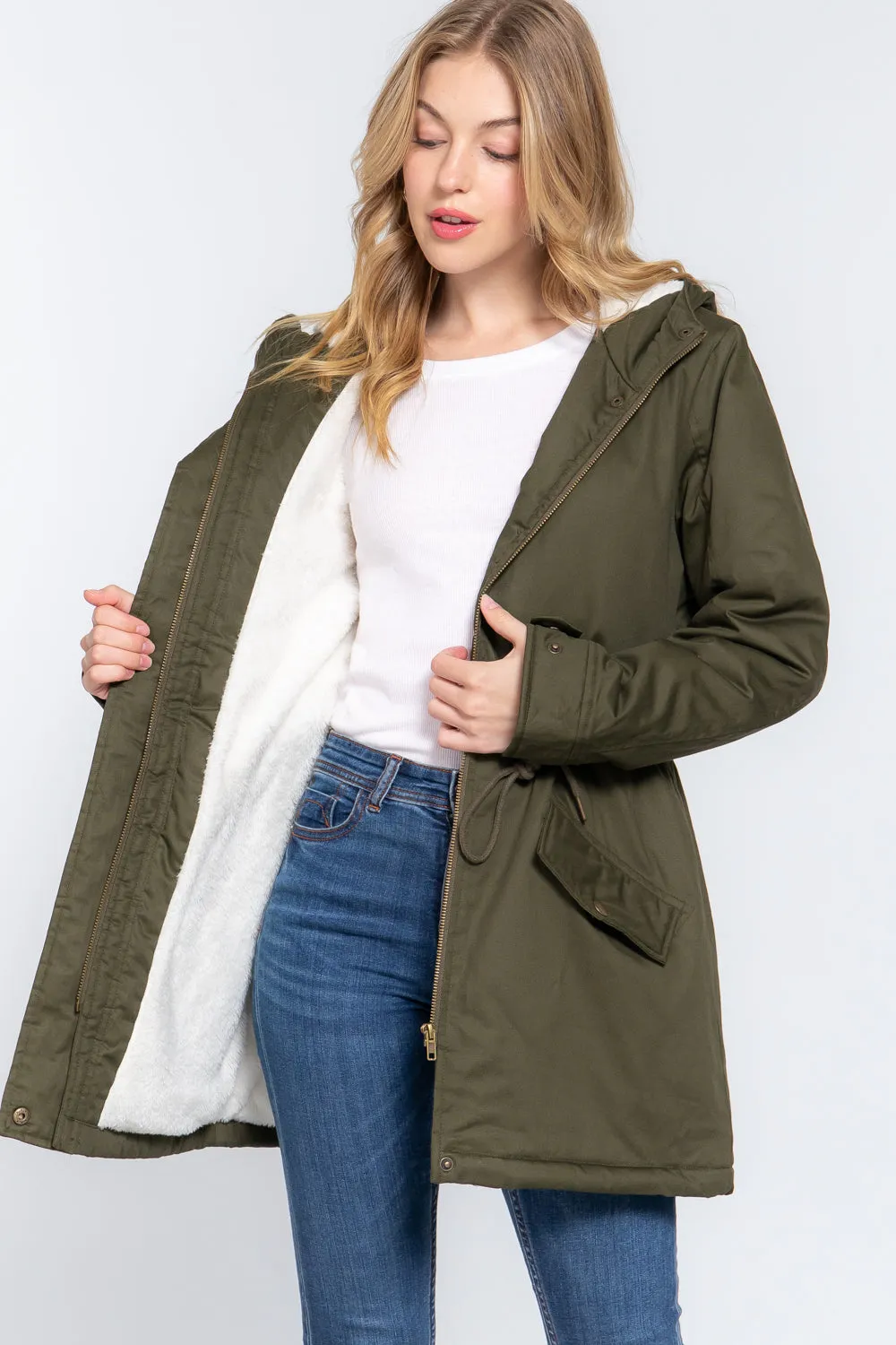 Fleece Lined Fur Hoodie Utility Jacket - 4 colors