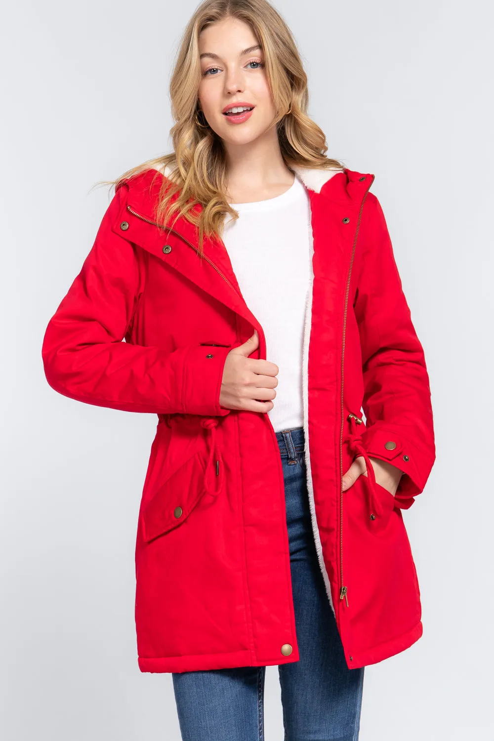 Fleece Lined Fur Hoodie Utility Jacket - 4 colors