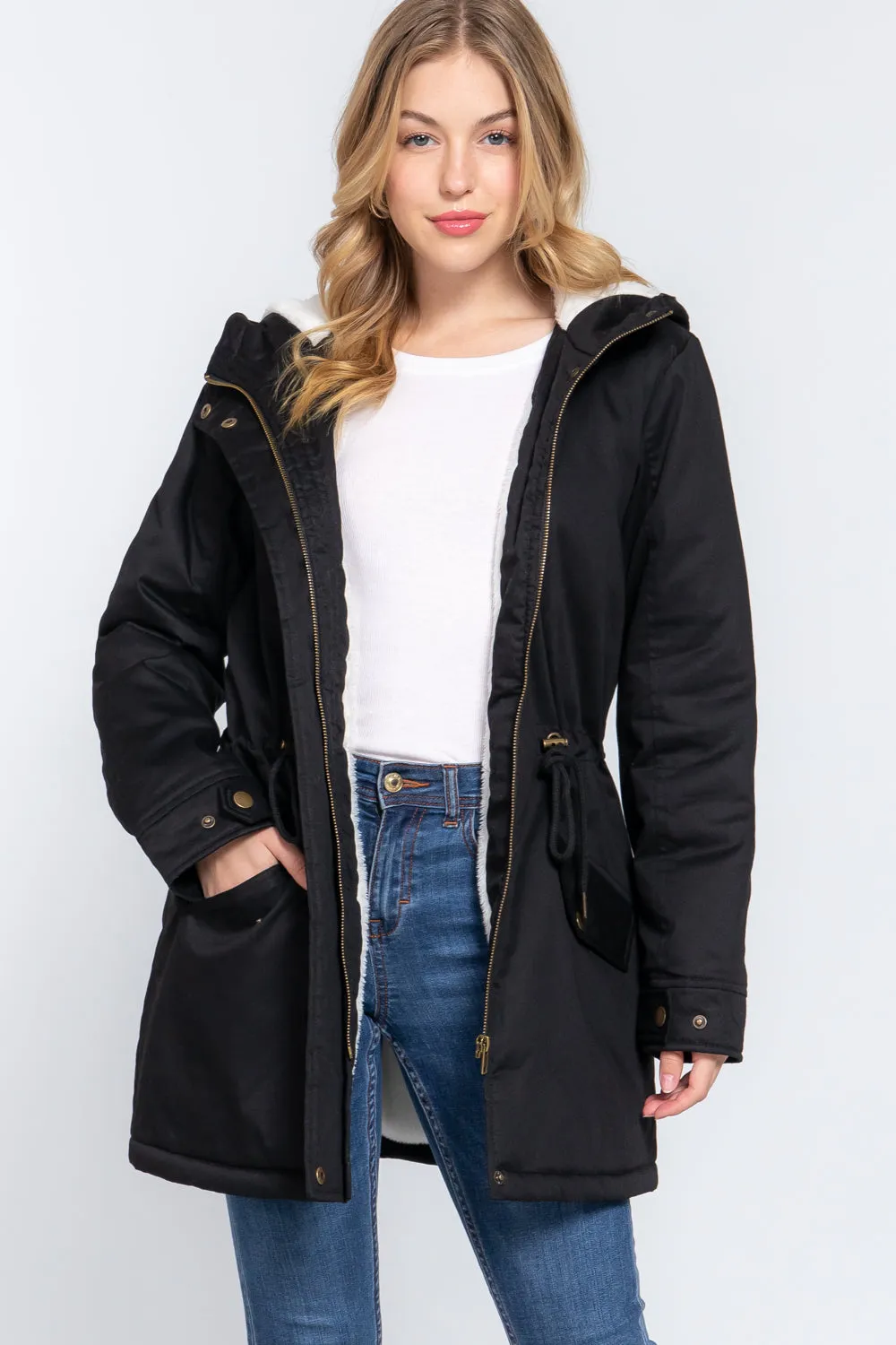 Fleece Lined Fur Hoodie Utility Jacket - 4 colors