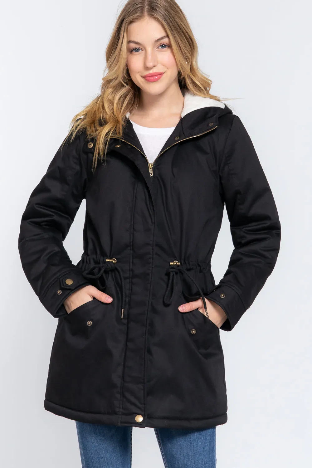 Fleece Lined Fur Hoodie Utility Jacket - 4 colors