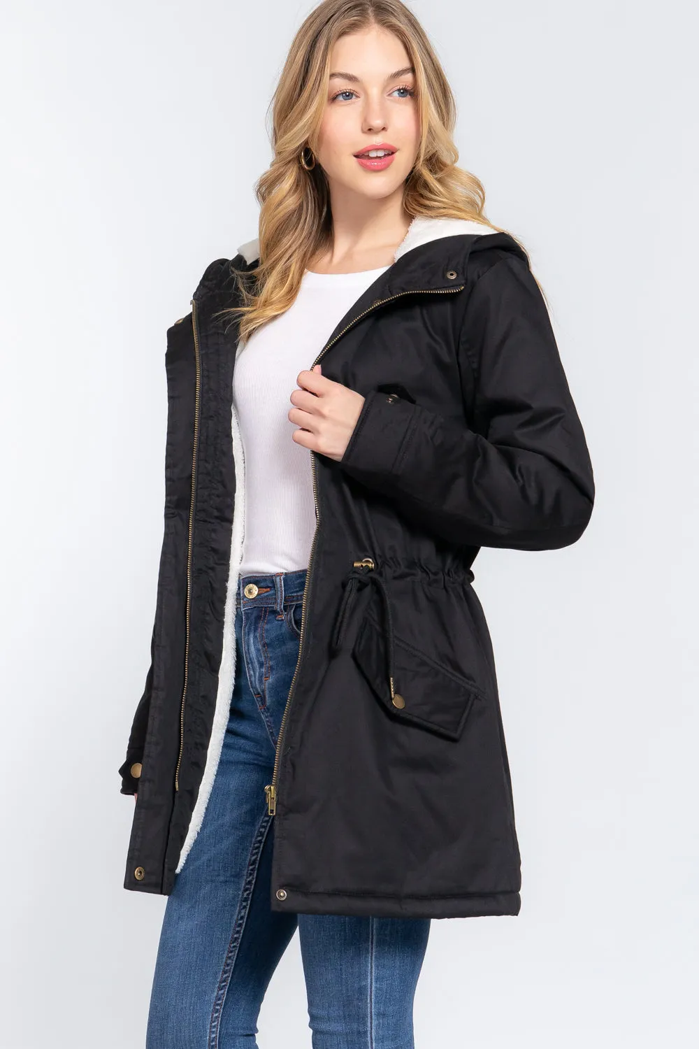 Fleece Lined Fur Hoodie Utility Jacket - 4 colors