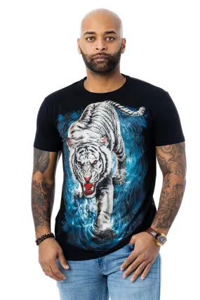 Heads or Tails Men's Tiger On Water Rhinestone Studded Graphic Printed T-Shirt