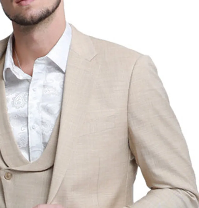 Khaki Sharkskin Suit with Double Breasted Vest