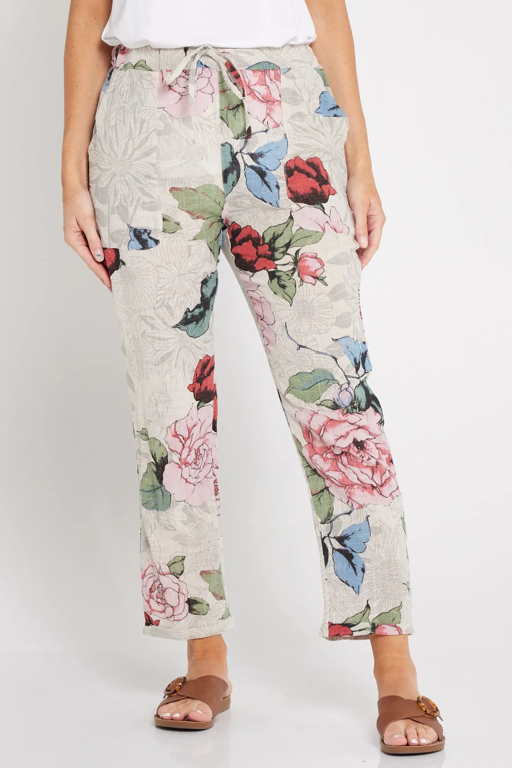 Kiana Linen Pants - Beige Floral