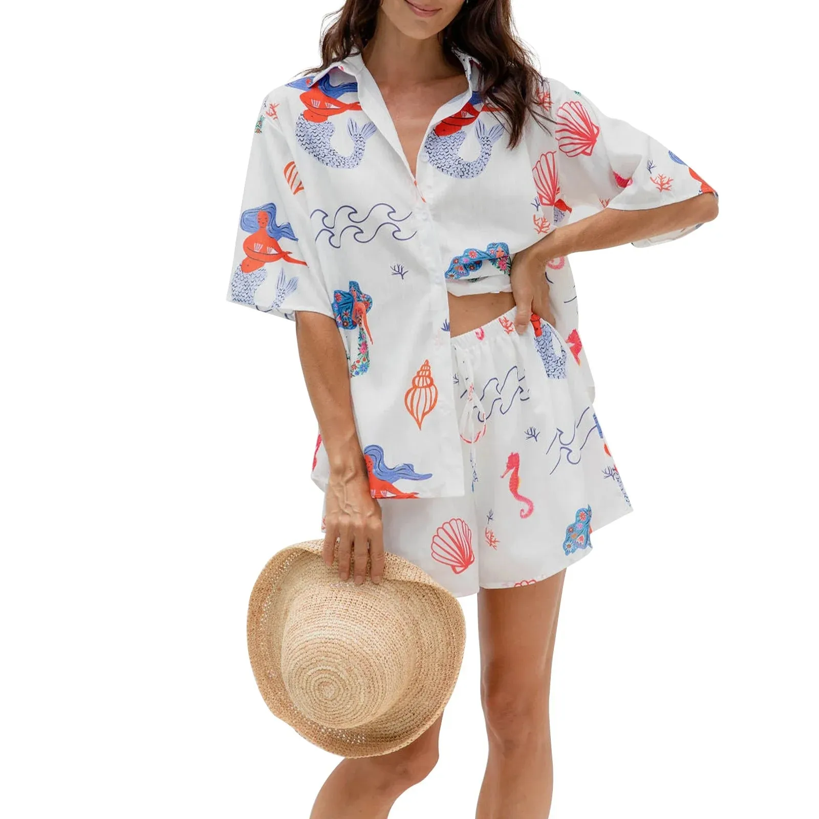 Mermaid Print Short Sleeve Button Down Oversized Blouse Summer Lounge Romper