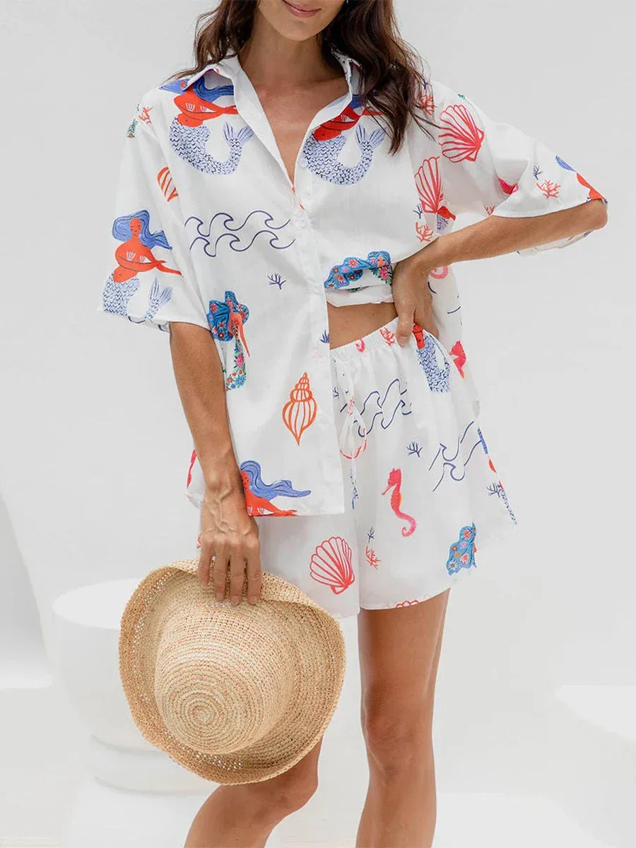 Mermaid Print Short Sleeve Button Down Oversized Blouse Summer Lounge Romper