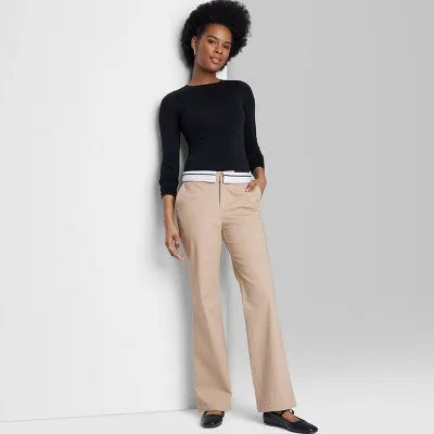 New - Women's Mid-Rise Foldover Straight Chino Pants - Wild Fable Light Taupe 12