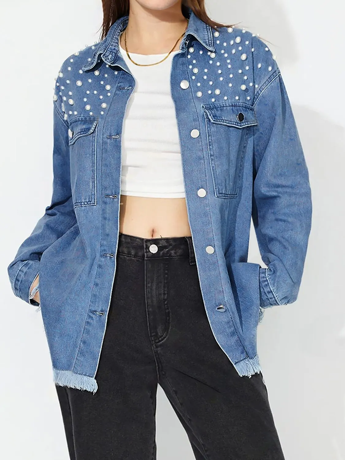 Raw Hem Pearl Trim Collared Neck Denim Top