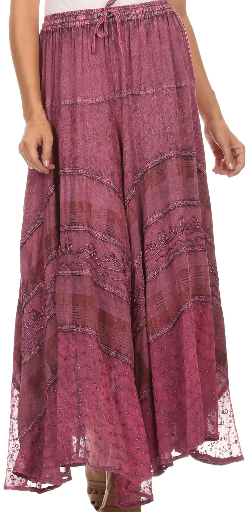 Sakkas Hailes Long Tall Wide Silver Embroidered Batik Adjustable Waist Skirt