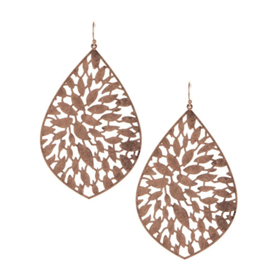 Worn Rose Gold Teardrop Filigree Chandelier Earrings